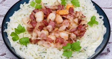 Konjaki spagettid peekoni ja krevettidega